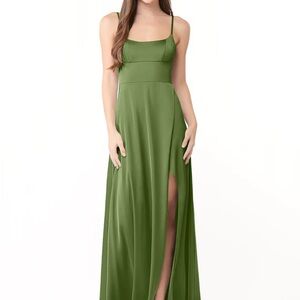 Azazie Halsey Dress in stretch satin and Juniper Green
